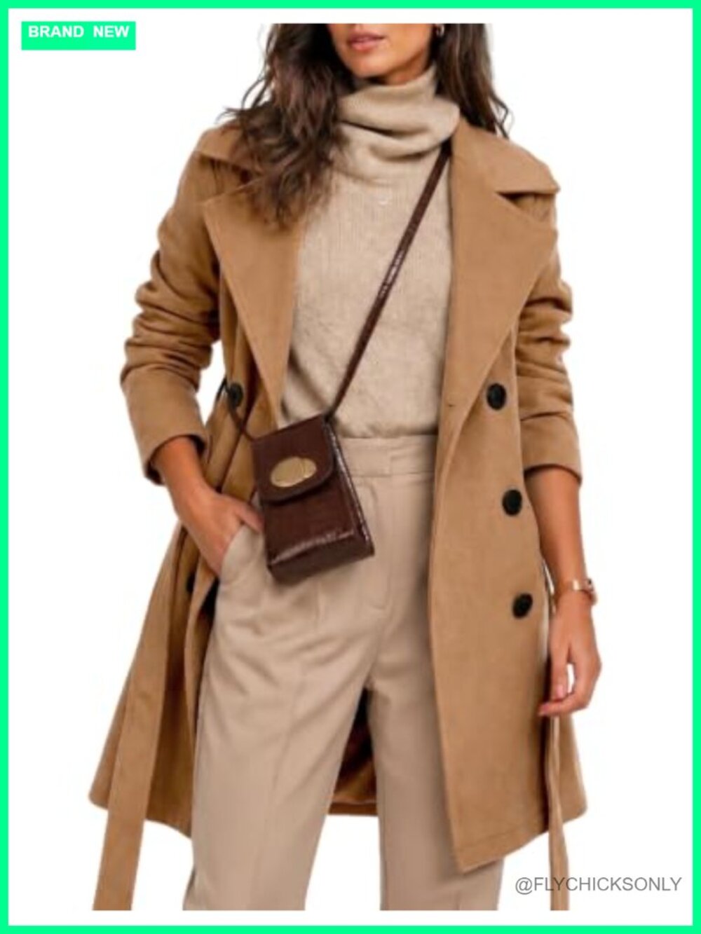 Womens Wool Blend Peacoat Double Breasted Midi Trench Coat with Belt